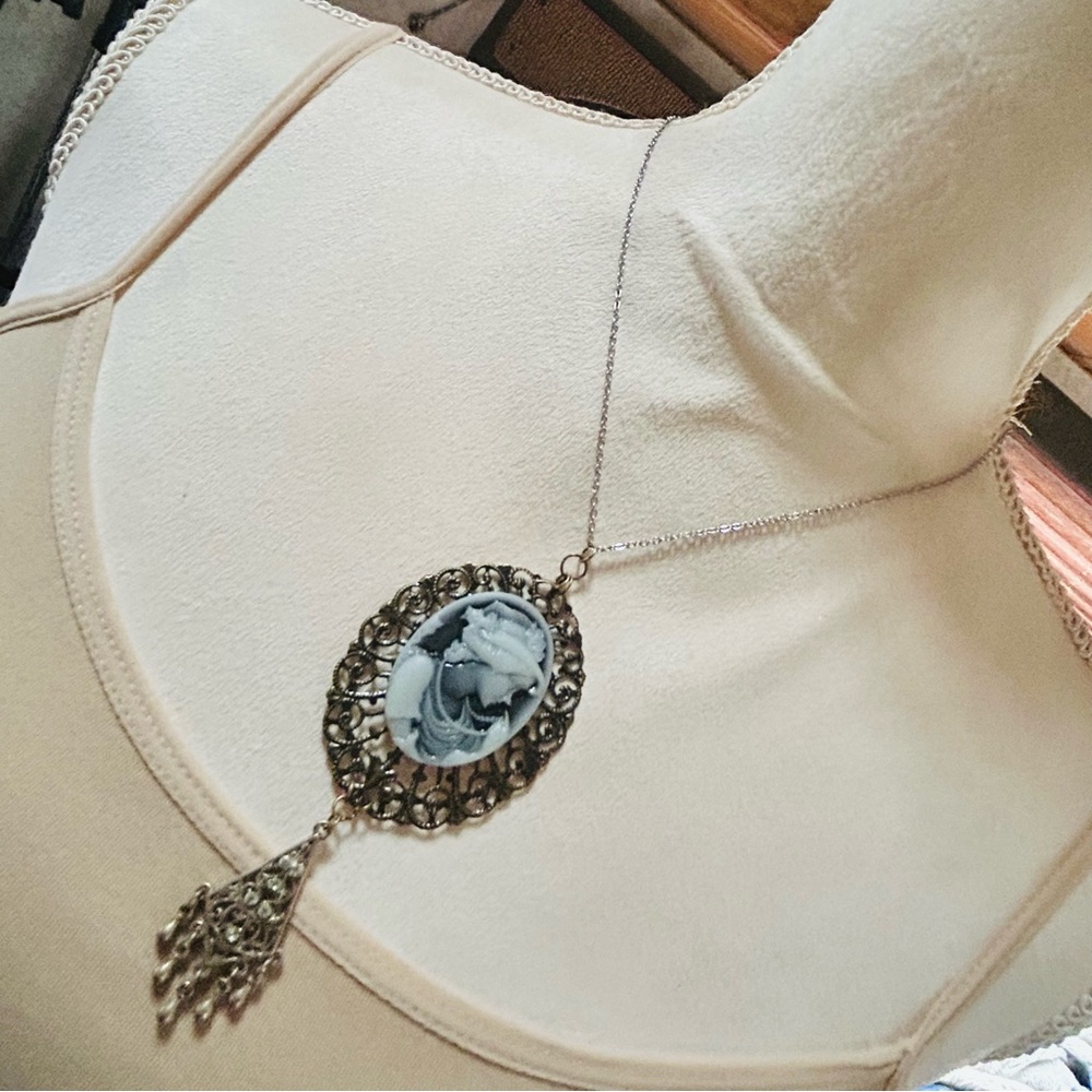 Handcrafted charcoal iridescent Victorian lady cameo pendant on chain necklace